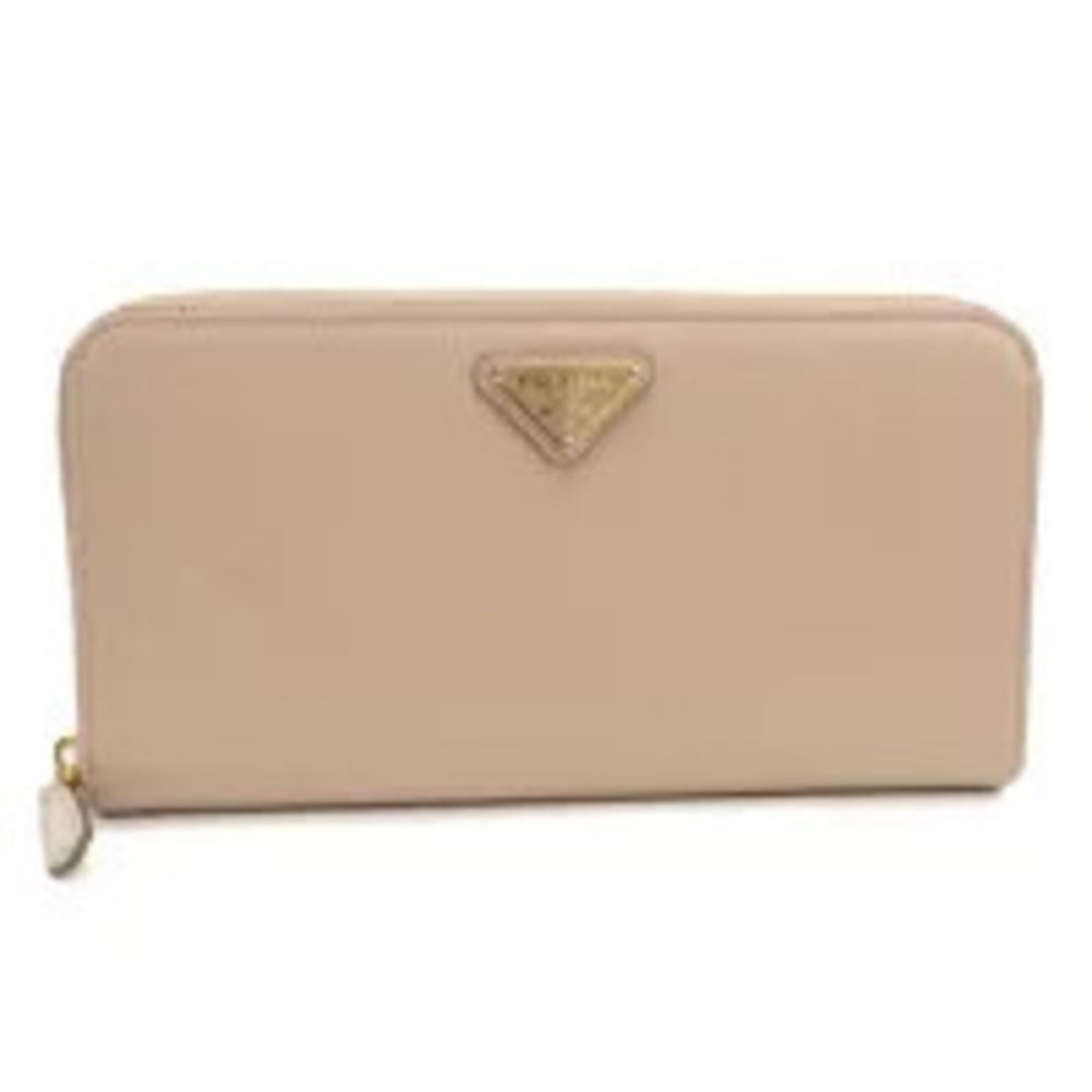 Prada Long Wallet Round Zipper Zip Around Leather Beige Cream
